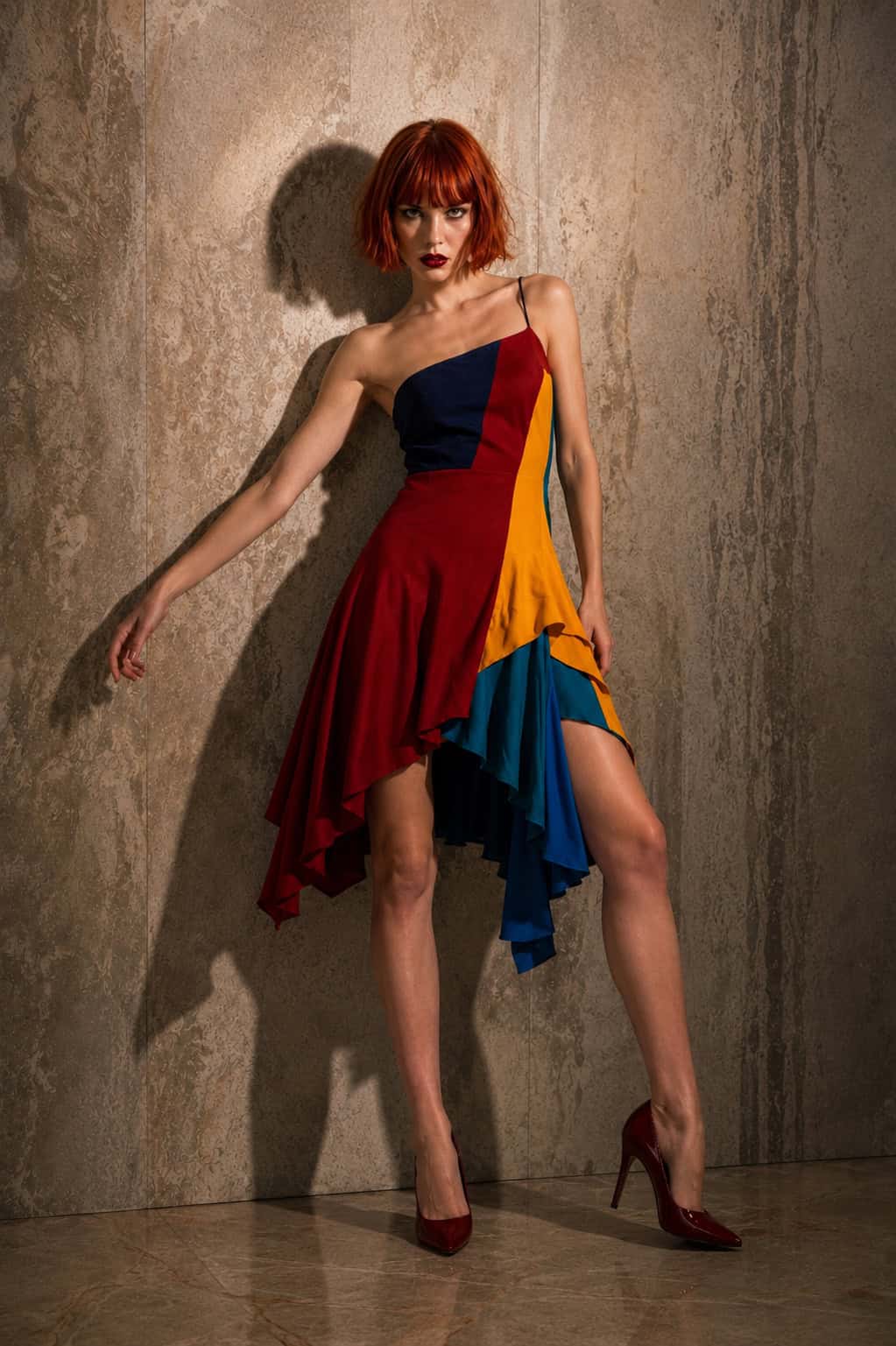 AI fashion portrait, model in colourblock slipdress with arm extended, warm travertine wall, full length