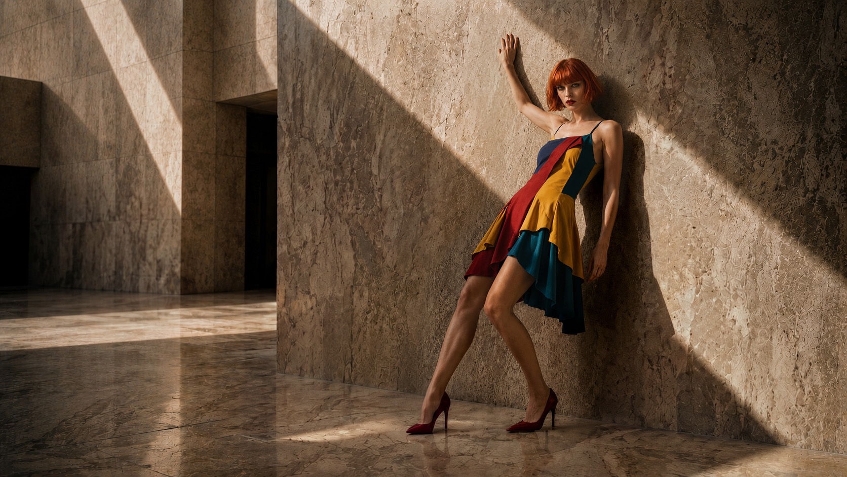 Fashion photoshoot, brutalist concrete location, model with hair in motion, direct sunlight, Weavy