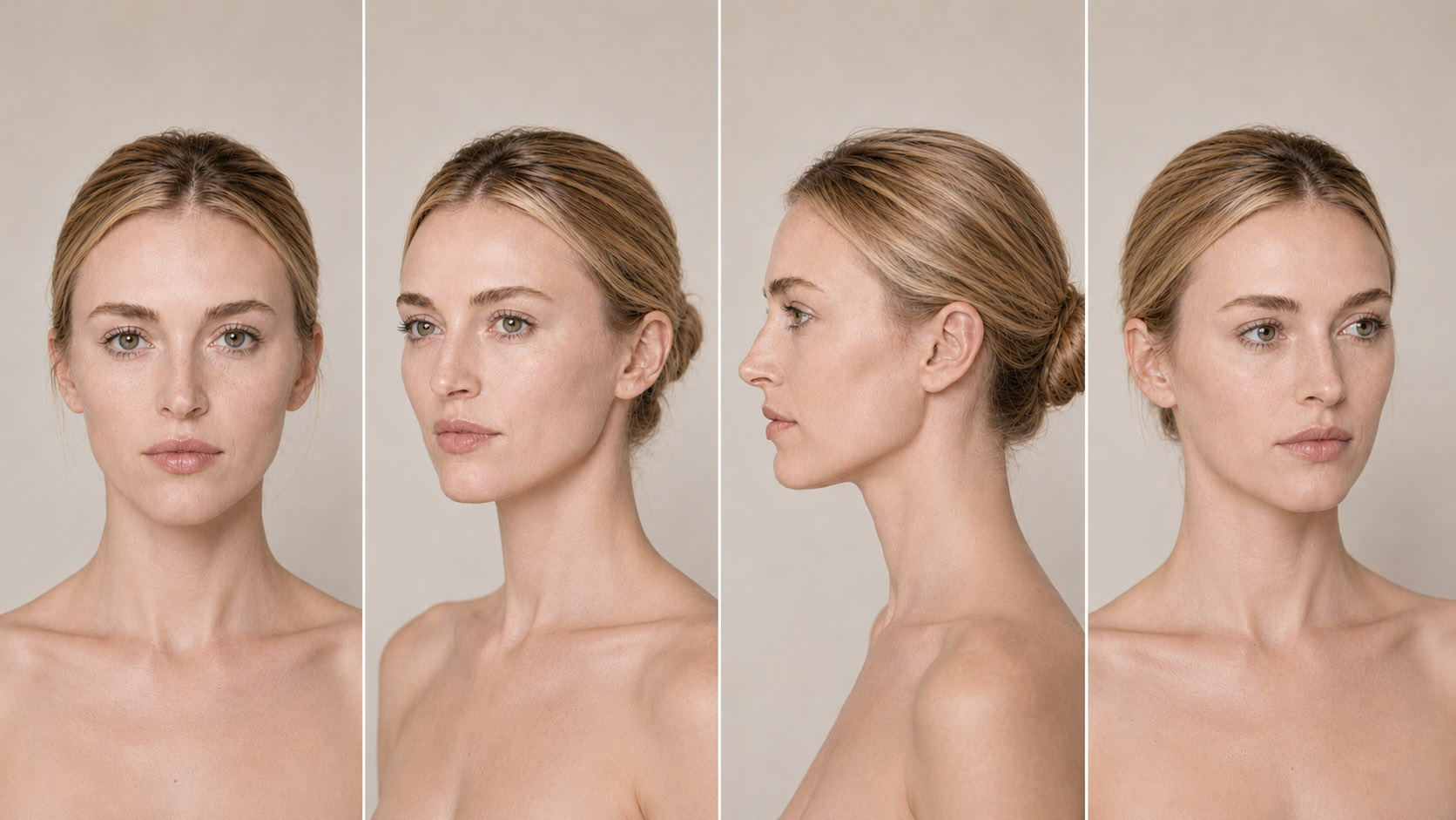 Fabricated AI model reference sheet — three-quarter view, consistent facial features