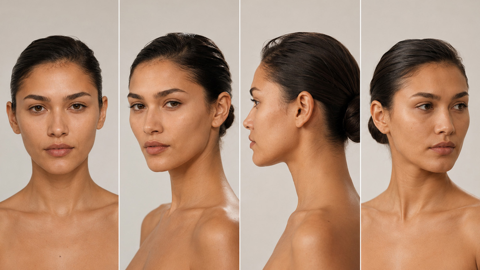 Fabricated AI model reference sheet — front view, no styling, face reads clearly