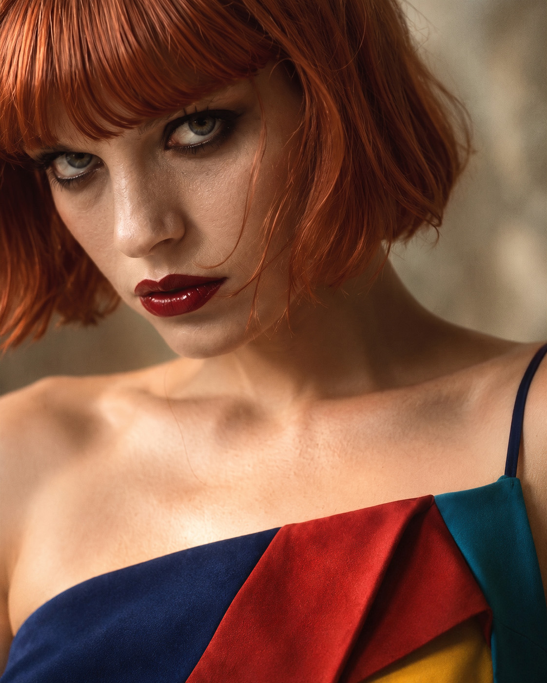 Artificial Intelligence redhead model with dark lip looking downward, collarbone detail, fashion